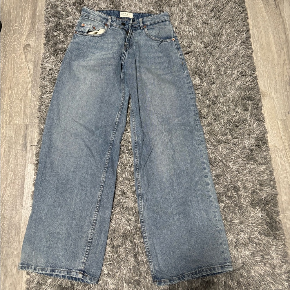 Motel Rocks Extra Roomy Low Rise Jeans in Washed Blue Green
